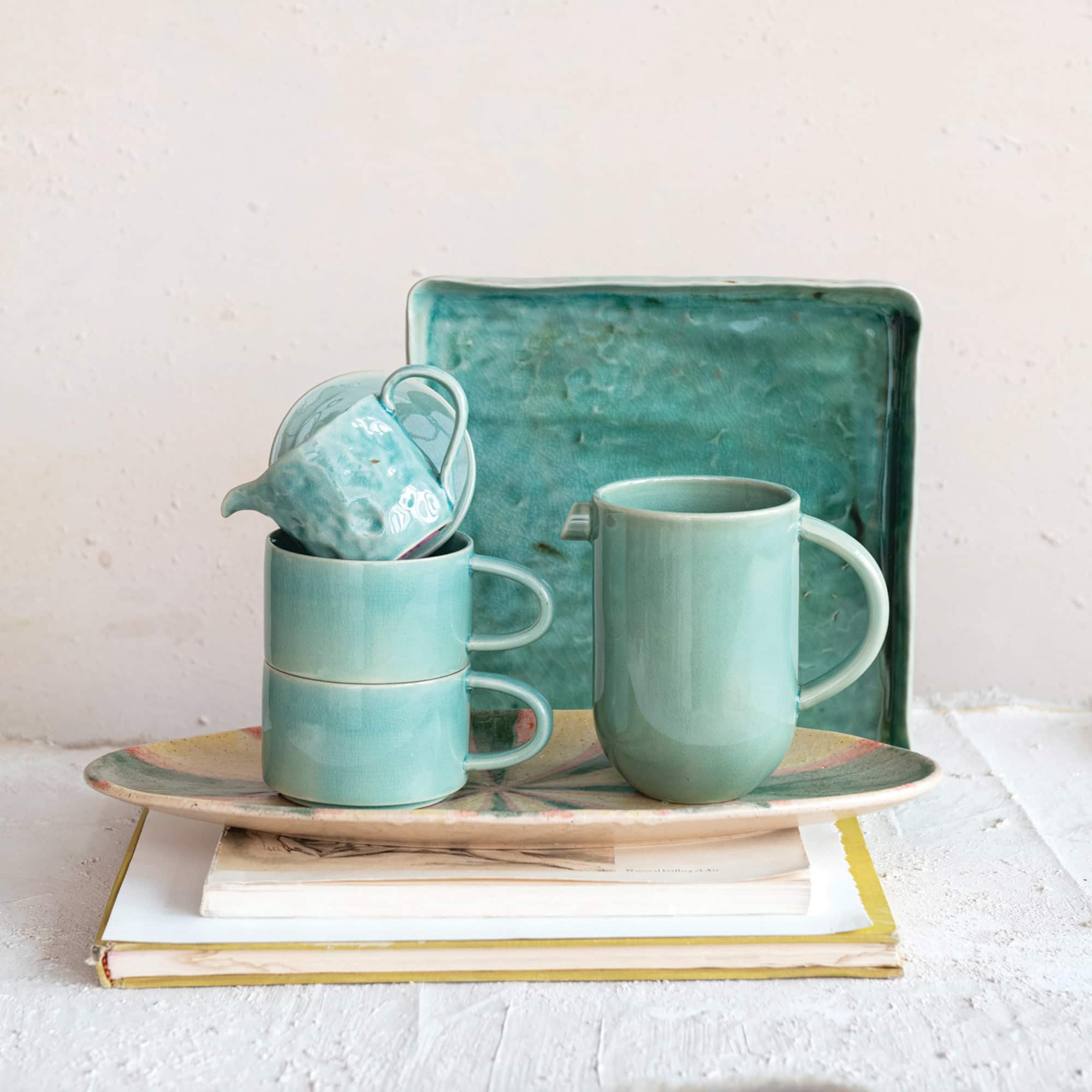 Hello Honey® Aqua Stoneware Pitcher with Stackable Mugs & Lid Set